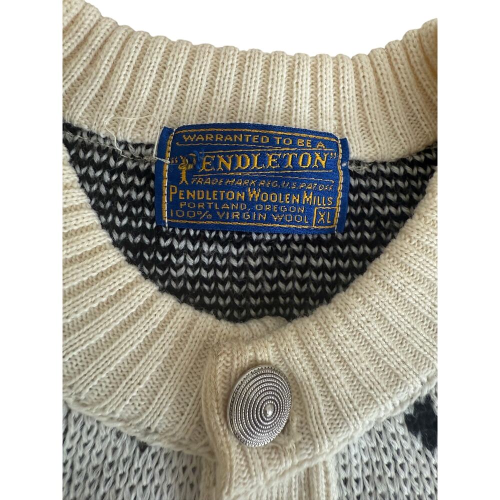 Vintage Pendleton 100% Virgin Wool Nordic Cardigan Sweater XL USA Black Ivory - Picture 5 of 11